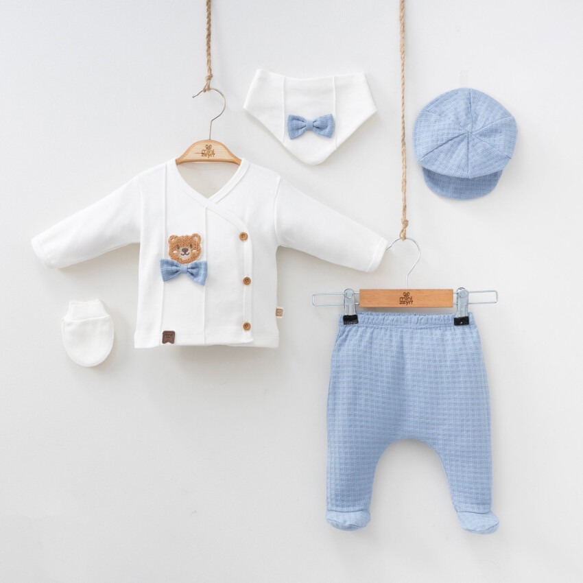 Wholesale Baby Boys 5-Piece Newborn Set with Body Pants Hat Bib and Glove 0-3M Minizeyn 2014-7053 - 1