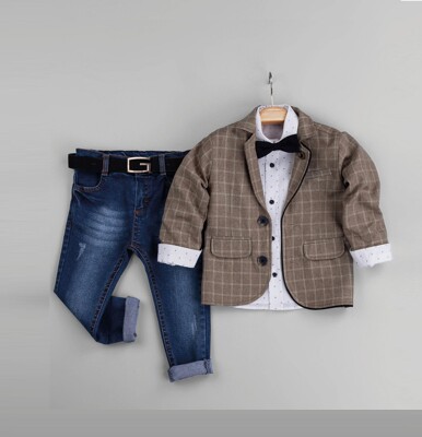 Wholesale Baby Boys Suit Set with Denim Pants, Jacket, Shirt and Bowtie 6-24M Gold Class 1010-1245 - Gold Class