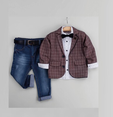 Wholesale Baby Boys Suit Set with Denim Pants, Jacket, Shirt and Bowtie 6-24M Gold Class 1010-1245 Claret Red