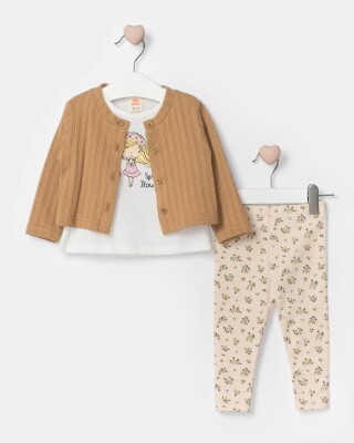 Wholesale Baby Girl 3 Pieces Sping Flowers Jacket Set Suit 9-24M Bupper Kids 1053-24524 Light Brown 