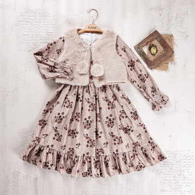 Wholesale Girls 2-Piece Dress and Vest Set 6-9Y Elayza 2023-2287 Бежевый 