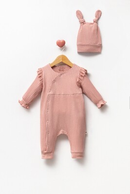 Wholesale Baby Girl Jacquard Organic Jumpsuit with Hat 0-9M Bubbles 2040-2000 Dusty Rose