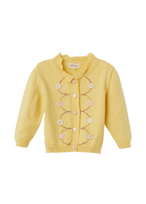 Wholesale Baby Girl Organic Cotton Floral Detailed Cardigan Uludağ Triko 1061-21154 Yellow