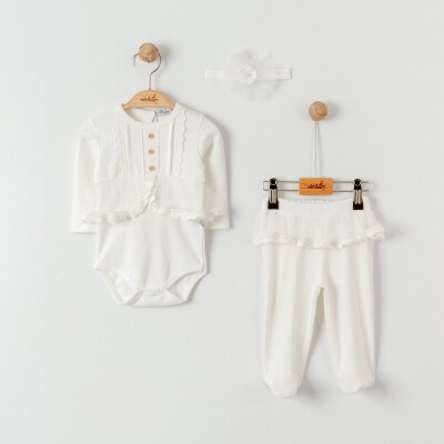 Wholesale Baby Girls 3-Piece Body, Pants and Bandana Newborn Set 0-3M Miniborn 2019-9069 Ecru