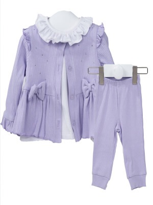 Wholesale Baby Girls 3-Piece Cardigan Blouse and Pants Set 3-12M Serkon Baby&Kids 1084-M1889 - 2