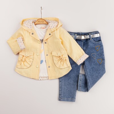 Wholesale Baby Girls 3-Piece Coat, Badi and Denim Pants Set 9-24M Bombili 1004-6588 Yellow