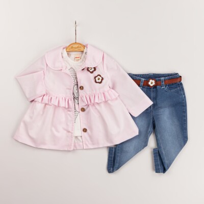 Wholesale Baby Girls 3-Piece Coat, Badi and Denim Pants Set 9-24M Minibombili 1005-6585 Pink