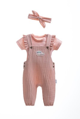Wholesale Baby Girls 3-Piece Overalls Set with T-shirt and HeadBand 3-12M Wogi 1030-WG-1302 - Wogi