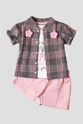 Wholesale Baby Girls 3-Pieces Shirt, T-shirt and Short Set 9-24M Kidexs 1026-75000 Pink