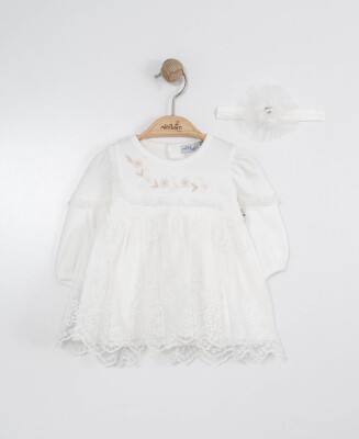 Wholesale Baby Girls Dress and Headband Set 0-12M Miniborn 2019-3045 Ecru