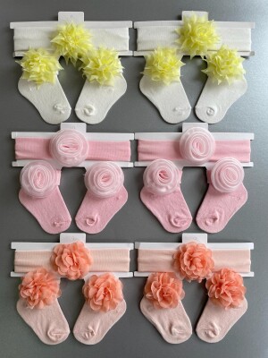 Wholesale Baby Girls Flowers Headband and Socks Set 0-6M Algiy Mini 2047-1150 - 1