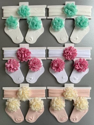 Wholesale Baby Girls Flowers Headband and Socks Set 0-6M Algiy Mini 2047-1153 - 1