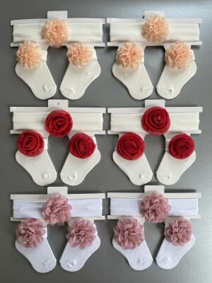 Wholesale Baby Girls Flowers Headband and Socks Set 0-6M Algiy Mini 2047-1154 - 1