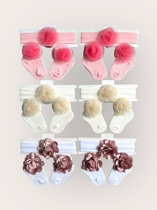 Wholesale Baby Girls Flowers Headband and Socks Set 0-6M Algiy Mini 2047-1164 - 1