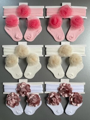 Wholesale Baby Girls Flowers Headband and Socks Set 0-6M Algiy Mini 2047-1164 - 1