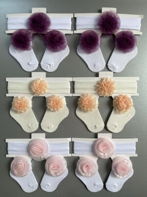 Wholesale Baby Girls Flowers Headband and Socks Set 0-6M Algiy Mini 2047-1165 - 1