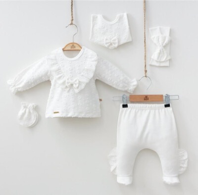 Wholesale Baby Girls Newborn 5-Piece Body Pants Bib Headband and Gloves Set 0-3M Minizeyn 2014-7052 Ecru