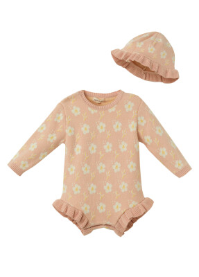 Wholesale Baby Girls Organic Cotton Jumper and Hat Set 3-18M Uludağ Triko 1061-21135 Pink