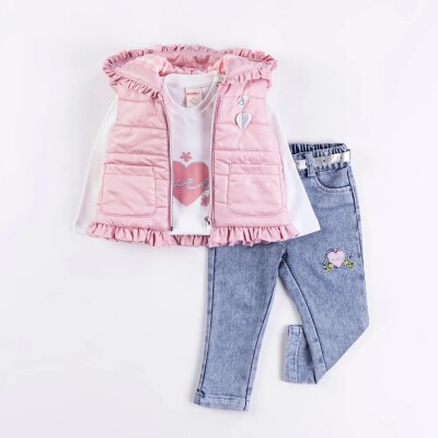 Wholesale Baby Girls Vest, Badi and Denim Pants Set 9-24M Bombili 1004-6514 Blanced Almond