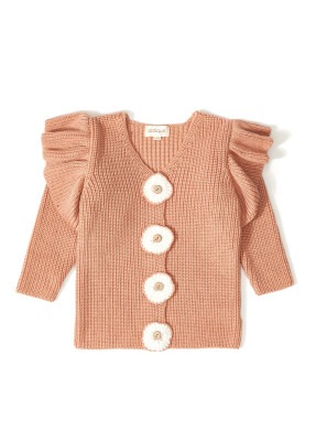 Wholesale Baby Grils Organic Cotton Cardigan with Floral Button 12-36M Uludağ Triko 1061-21049-1 Dusty Rose