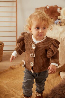 Wholesale Baby Grils Organic Cotton Cardigan with Floral Button 3-12M Uludağ Triko 1061-21049 Brown