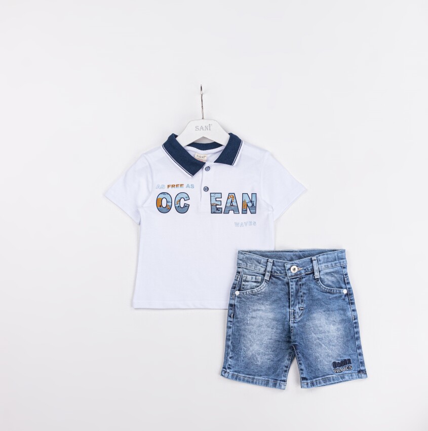 Wholesale Boys 2-Piece Polo Neck T-Shirt and Denim Short Set 2-5Y Sani 1068-2319 - 1