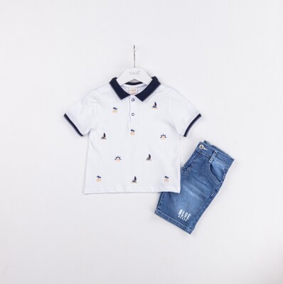 Wholesale Boys 2-Piece Polo Neck T-Shirt and Denim Shorts Set 2-5Y Sani 1068-2320 White