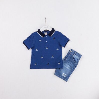 Wholesale Boys 2-Piece Polo Neck T-Shirt and Denim Shorts Set 2-5Y Sani 1068-2320 Indigo
