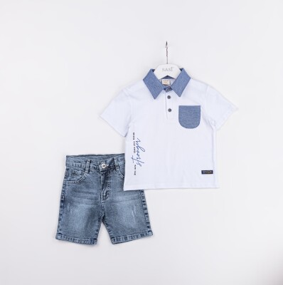Wholesale Boys 2-Piece Polo Neck T-Shirt and Denim Shorts Set 2-5Y Sani 1068-2321 White