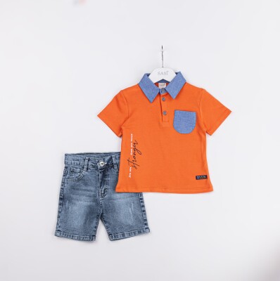 Wholesale Boys 2-Piece Polo Neck T-Shirt and Denim Shorts Set 2-5Y Sani 1068-2321 Orange