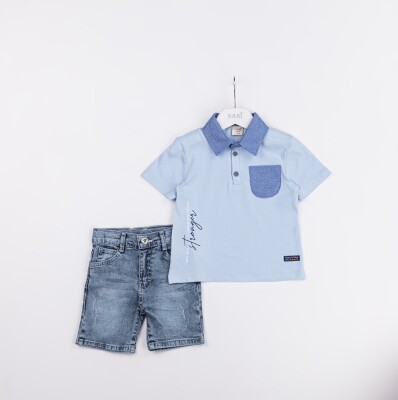 Wholesale Boys 2-Piece Polo Neck T-Shirt and Denim Shorts Set 2-5Y Sani 1068-2321 Light Blue