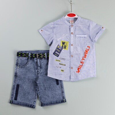 Wholesale Boys 2-Piece Shirt and Denim Shorts Set 1-4Y Bombili 1004-6470 Blue