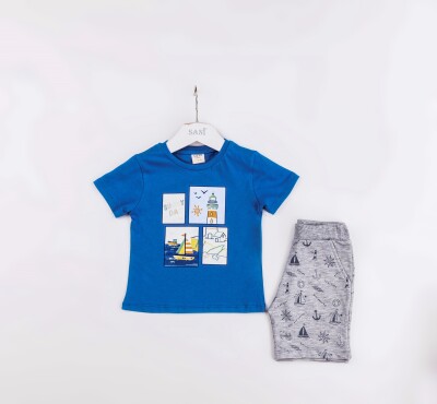 Wholesale Boys 2-Pieces T-shirt and Short Set 1-4Y Sani 1068-1214 Saxe