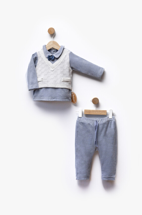 Wholesale Boys' 3-Piece Cardigan Shirt and trousers Set 3-12M Bebbemini 2065-BM-2319 - 1