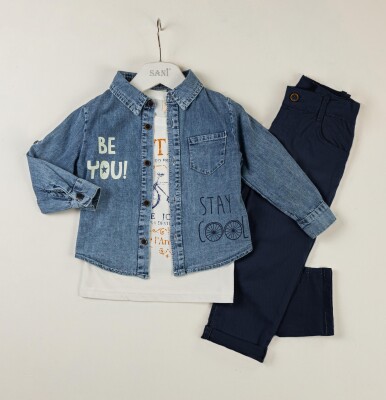 Wholesale Boys 3-Piece Denim Shirt Set with T-shirt and Pants 2-5Y Sani 1068-9794 - Sani