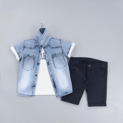 Wholesale Boys 3-Piece Denim Shirt Set with T-Shirt and Shorts 2-5Y Gold Class 1010-2311 - Gold Class