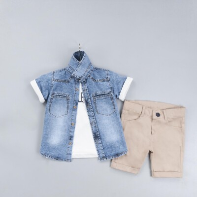 Wholesale Boys 3-Piece Denim Shirt Set with T-Shirt and Shorts 2-5Y Gold Class 1010-2311 - 2
