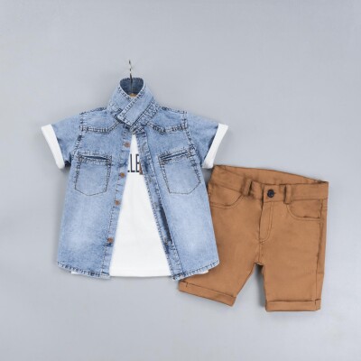 Wholesale Boys 3-Piece Denim Shirt Set with T-Shirt and Shorts 2-5Y Gold Class 1010-2311 Brown