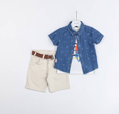 Wholesale Boys 3-Piece Denim Shirt, T-Shirt and Shorts Set 2-5Y Sani 1068-2327 Beige