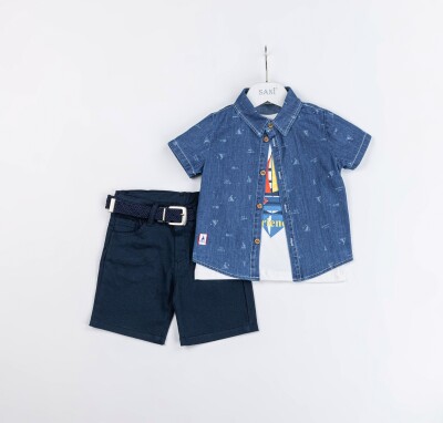 Wholesale Boys 3-Piece Denim Shirt, T-Shirt and Shorts Set 2-5Y Sani 1068-2327 - Sani