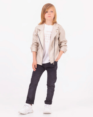 Wholesale Boys 3-Piece Jacket, T-Shirt and Denim Pants Set 6-9Y Gold Class 1010-3223 Beige