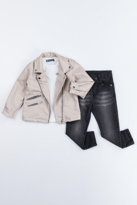 Wholesale Boys 3-Piece Leather Jacket, Body and Denim Pants Set 2-5Y Gold Class 1010-2525 - 3
