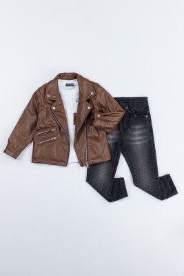 Wholesale Boys 3-Piece Leather Jacket, Body and Denim Pants Set 2-5Y Gold Class 1010-2525 - 4