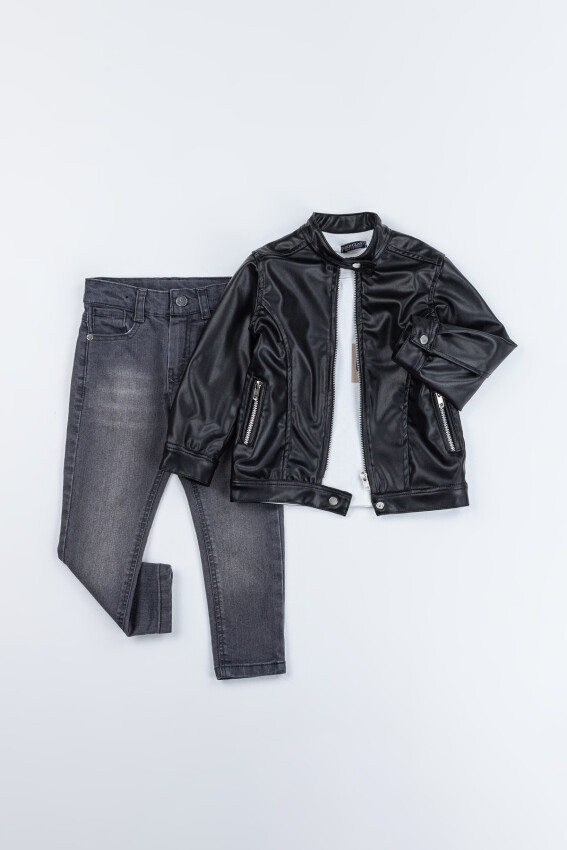 Wholesale Boys 3-Piece Leather Jacket, Body and Denim Pants Set 2-5Y Gold Class 1010-2533 - 1