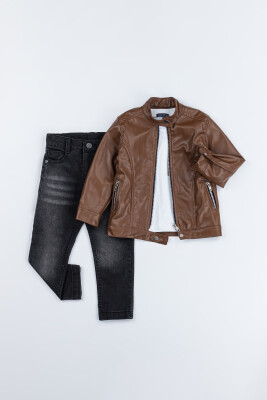 Wholesale Boys 3-Piece Leather Jacket, Body and Denim Pants Set 2-5Y Gold Class 1010-2533 - 3