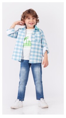  Wholesale Boys 3-Piece Shirt Denim Pants and T-Shirt Set 1-4Y Lemon 1015-9888 Turquoise