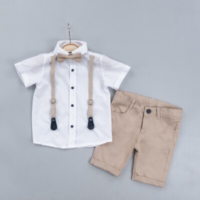 Wholesale Boys 3-Piece Shirt Set with Shorts and Bowtie 2-5Y Gold Class 1010-2327 Beige
