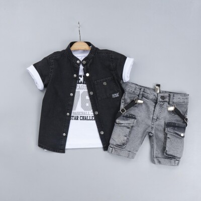 Wholesale Boys 3-Piece Shirt Set with T-Shirt and Denim Shorts 2-5Y Gold Class 1010-2308 - 1