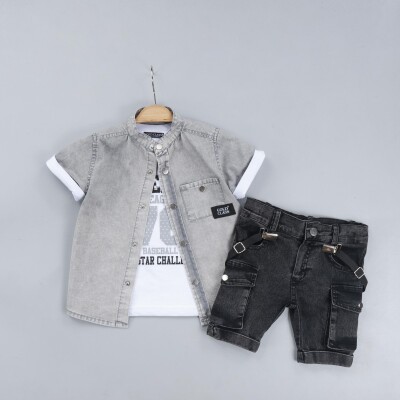 Wholesale Boys 3-Piece Shirt Set with T-Shirt and Denim Shorts 2-5Y Gold Class 1010-2308 - Gold Class (1)