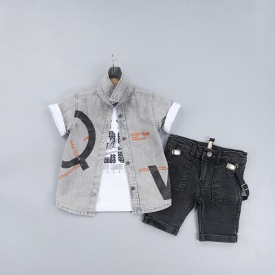 Wholesale Boys 3-Piece Shirt Set with T-Shirt and Denim Shorts 2-5Y Gold Class 1010-2309 - 2